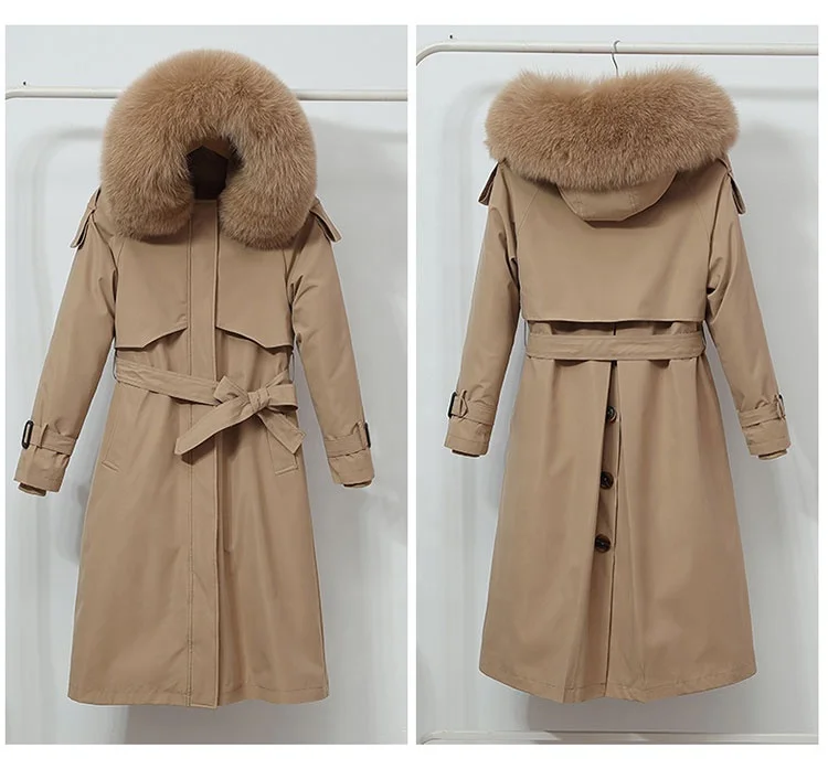 Genuine Leather Jacket with Real Fur Collar Ladies Warm Leather Long Jackets Real Fox Fur Cuffs Womens Genuine Leather Jacket