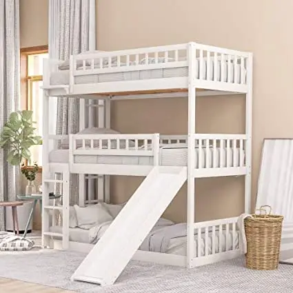 
Separable Triple Bunk Bed with Slide and Ladder Loft Twin Over Twin Bed Frame for Kids 