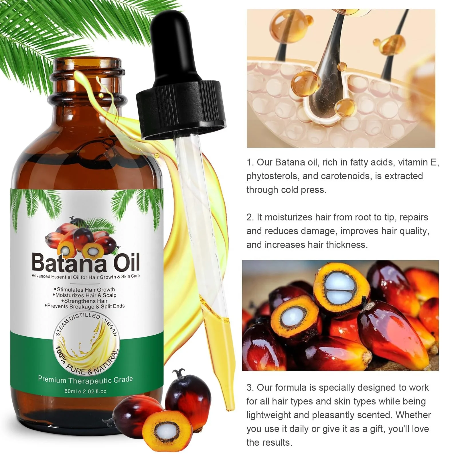 60ML Natural Private Label Hair Growth Treatment Essence Cruelty Free Hair Loss Batana Oil Scalp Massage Essential Oil