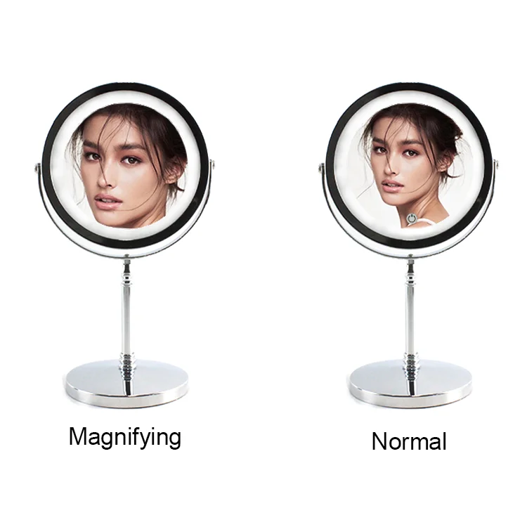 Round Chrome Double Sides Magnifying Desktop LED Cosmetic Mirror Modern Makeup Mirror With LED Light