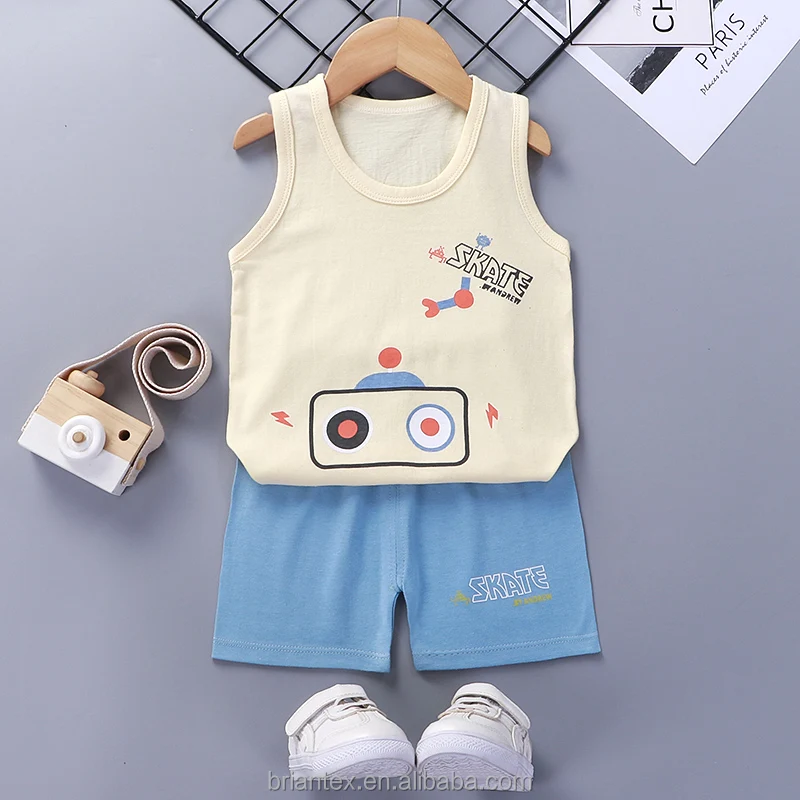 100% Cotton Worsted Baby Summer Two Piece Set Sleeveless Fashion Baby Clothes boys and girls