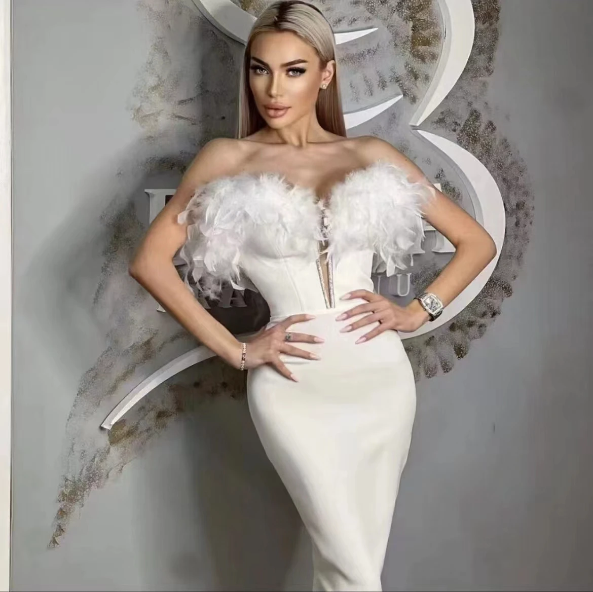 2013 New Fashion Stock and Ready for Ship Sexy Celebrity Night Club Runway White Feathers Party Dress