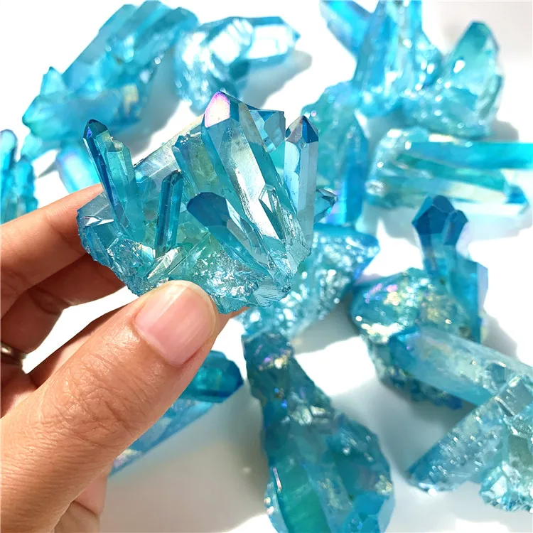 Amazing small size electroplated blue quartz cluster reiki healing crystals craft for sale