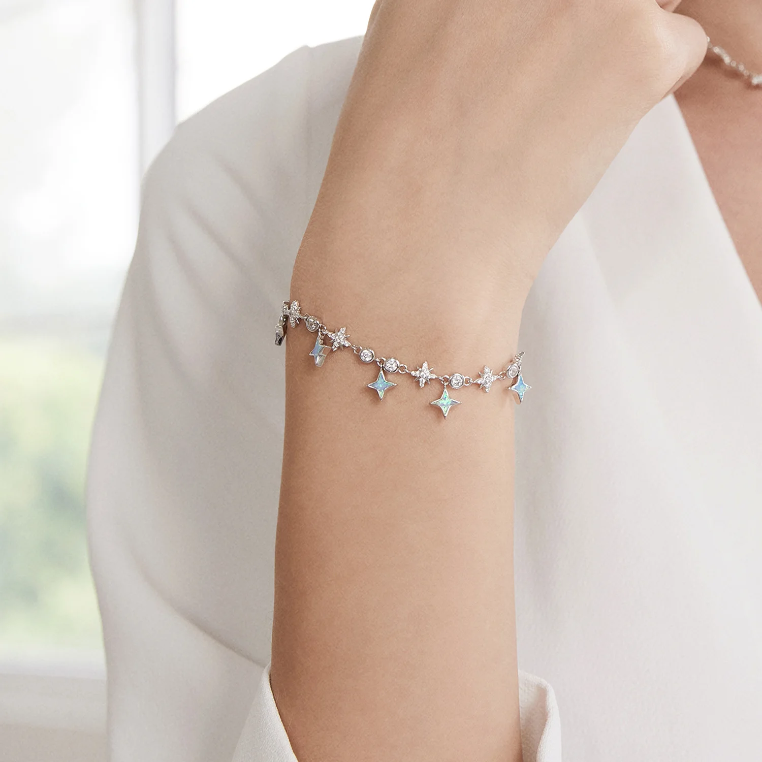 925 Silver Jewelry White Gold Plated Bracelet CZ Opal Celestial Stars Slider Chain Bracelet for Women