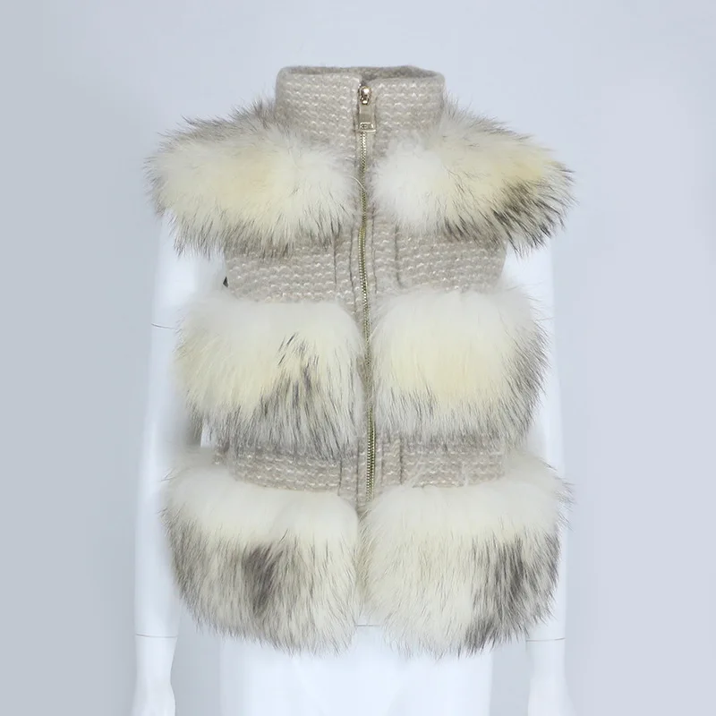 2021 New Fashion Stand-up Collar Real Fur Coat Vest Winter Jacket Women Natural Raccoon Fur Wool Weave Coat Outerwear Streetwear