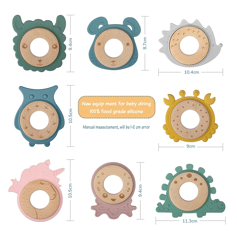 Baby Silicone Teethers BPA Free Silicone Rudder Teething Toys with Wooden Ring Soothe Babies Tooth