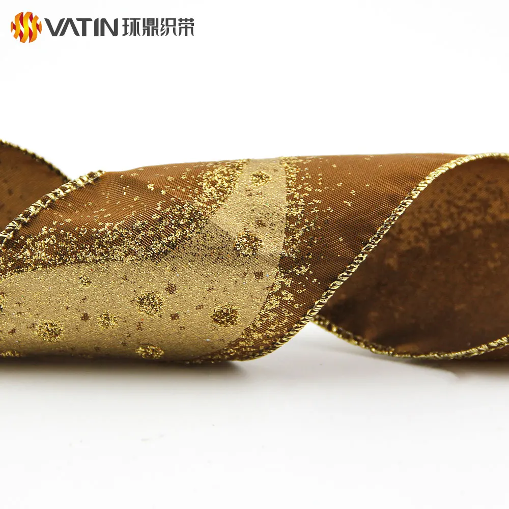 63mm Wide Beautiful Decorative Gift Wrapping Glitter Sequin Christmas Metallic Wired Satin Ribbon