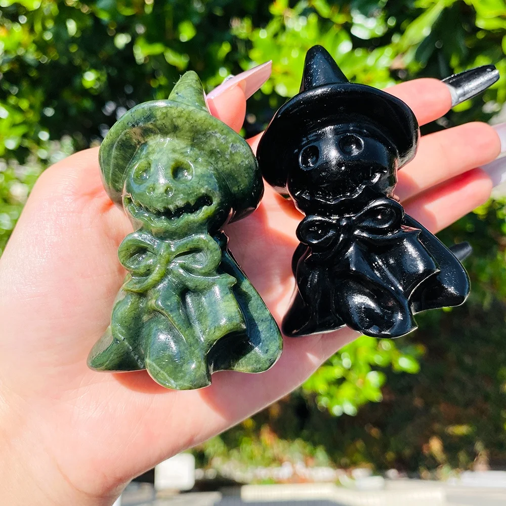 Natural Healing Gemstone Crystal Black Obsidian And Green Jade Witch Carvings For Home Decoration Gifts