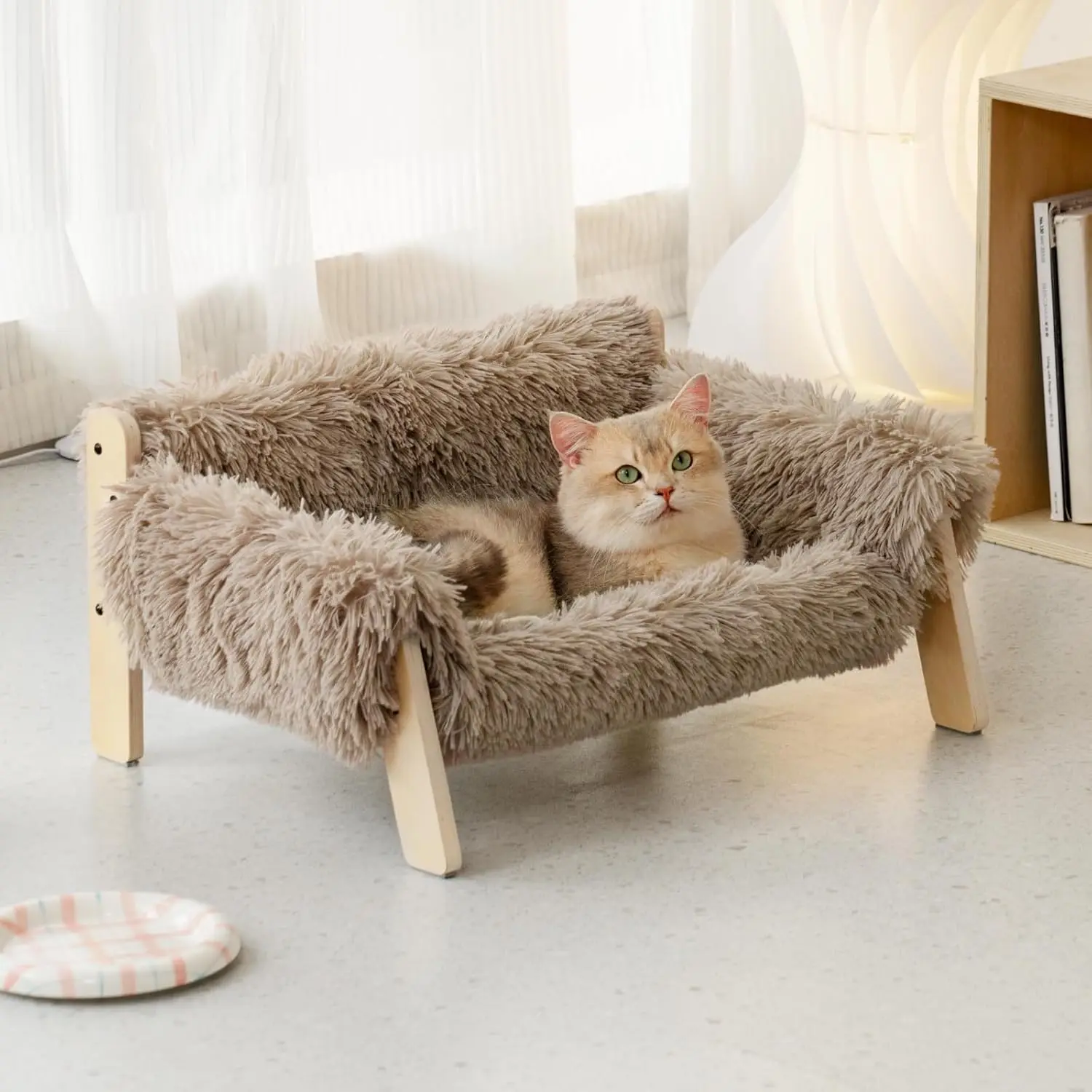 Handcrafted Wooden Cat Bed Sofa Sturdy Fluffy Couch Small Dogs Wooden Bed Elevated Pet Furniture Cat Wood Bed