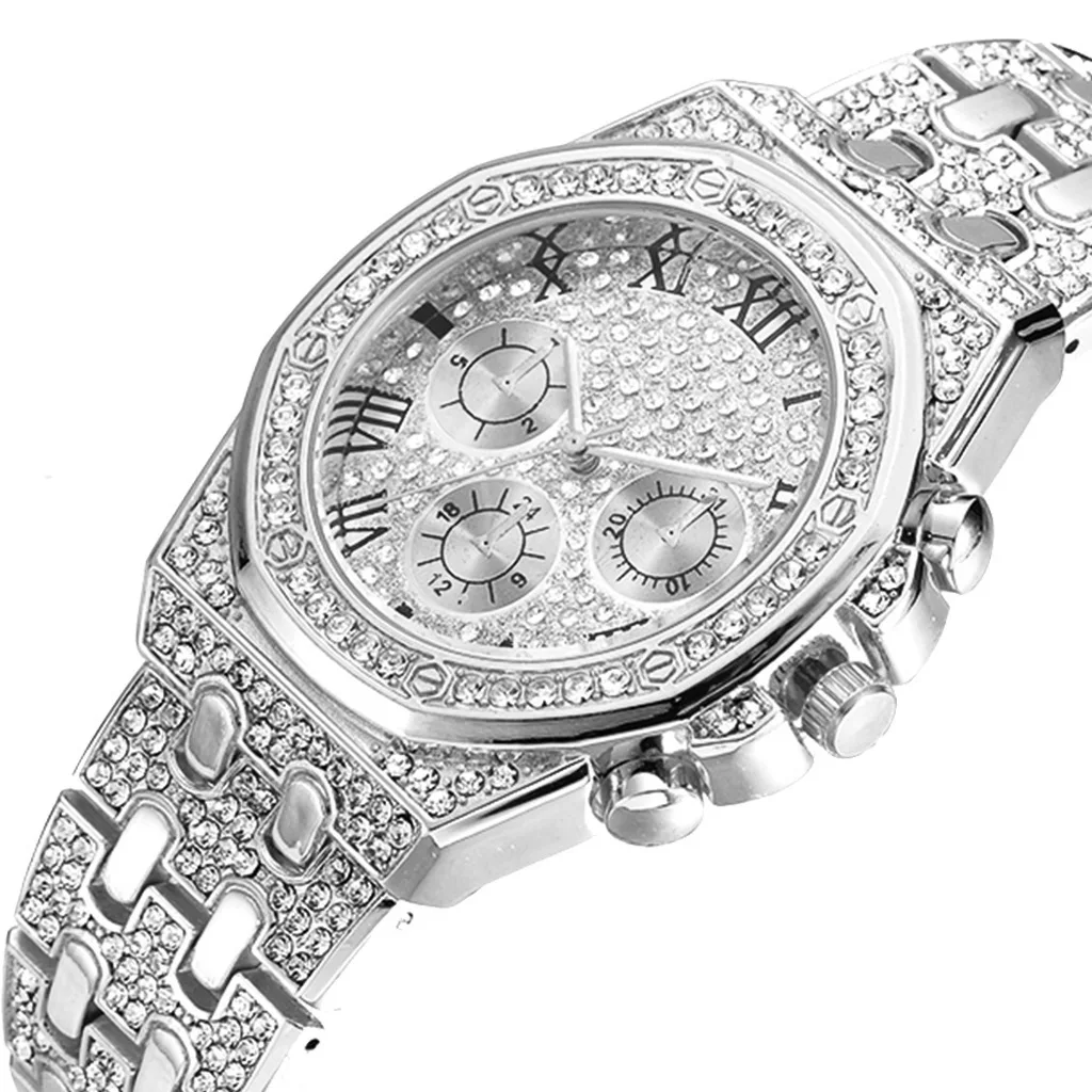 Hot Selling Hip Hop Fashion Quartz Watches Gold Rose 20mm Cuban Link Necklace Chain Cuban Link Bracelet Iced Out Jewelry Set
