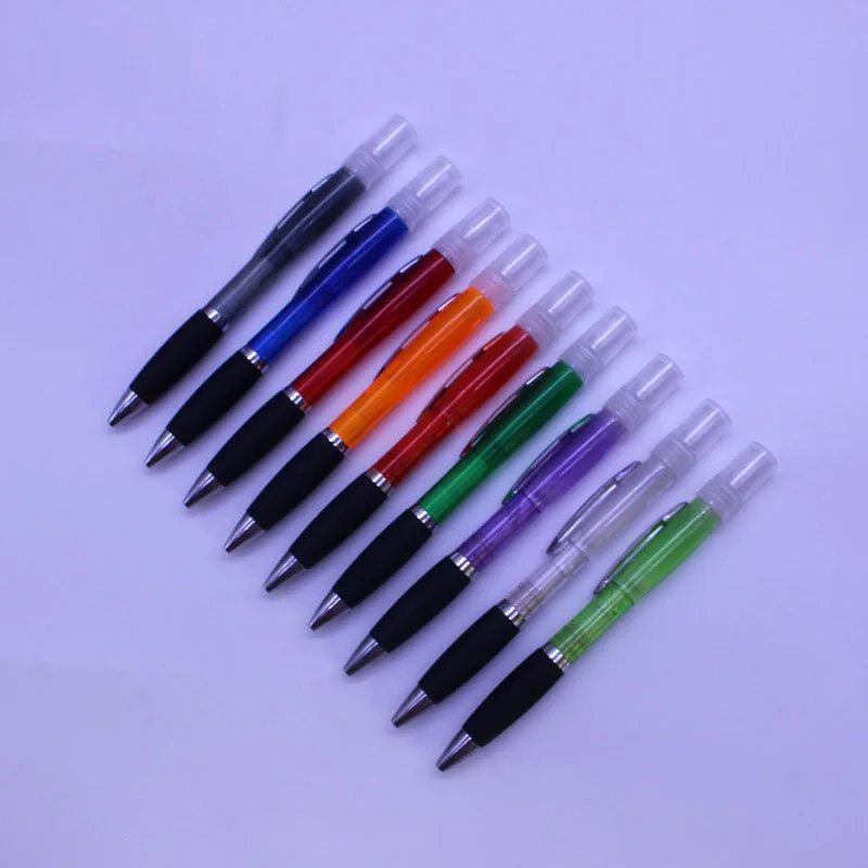 Hot selling small moq customized eco-friendly plastic ball pen with alcohol sanitize spray for promotion and advertising