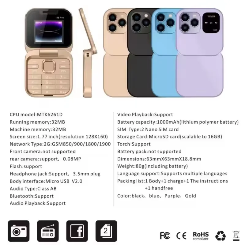 i16 Pro Hot Sale Dual Sim Card Standby portable 1000mAh Battery MP3 MP4 FM Radio Foldable FeatureJava Phone