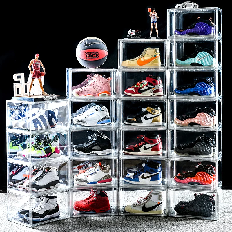 Full Transparent Plastic Magnetic Side Open Door Shoe Storage & Display Container Box Foldable Drop Side Sneaker Organizer Case