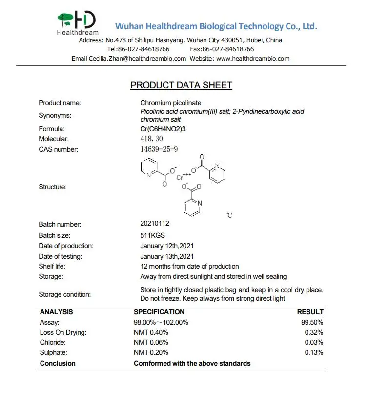 
Click High Quality Factory Supply Food Grade Pure 99% Purity Cas No. 14639-25-9 Chromium Picolinate 