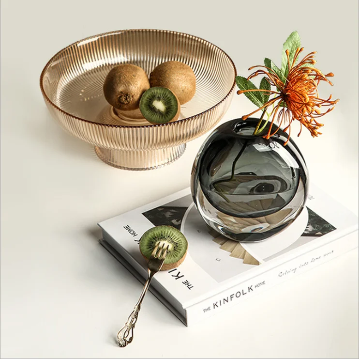 Wholesale Light Luxury Double Layer Coloured Modern Desktop Home Decor Blue Grey Brown Green Color Round Small Glass Vase