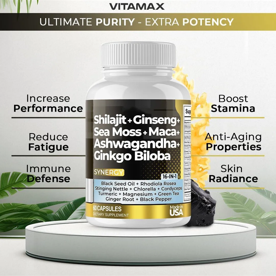 High Quality Shilajit Sea Moss Black Seed Oil Ashwagandha 16 In 1 Capsules Private Label Capsules Dietary Supplement Wholesale