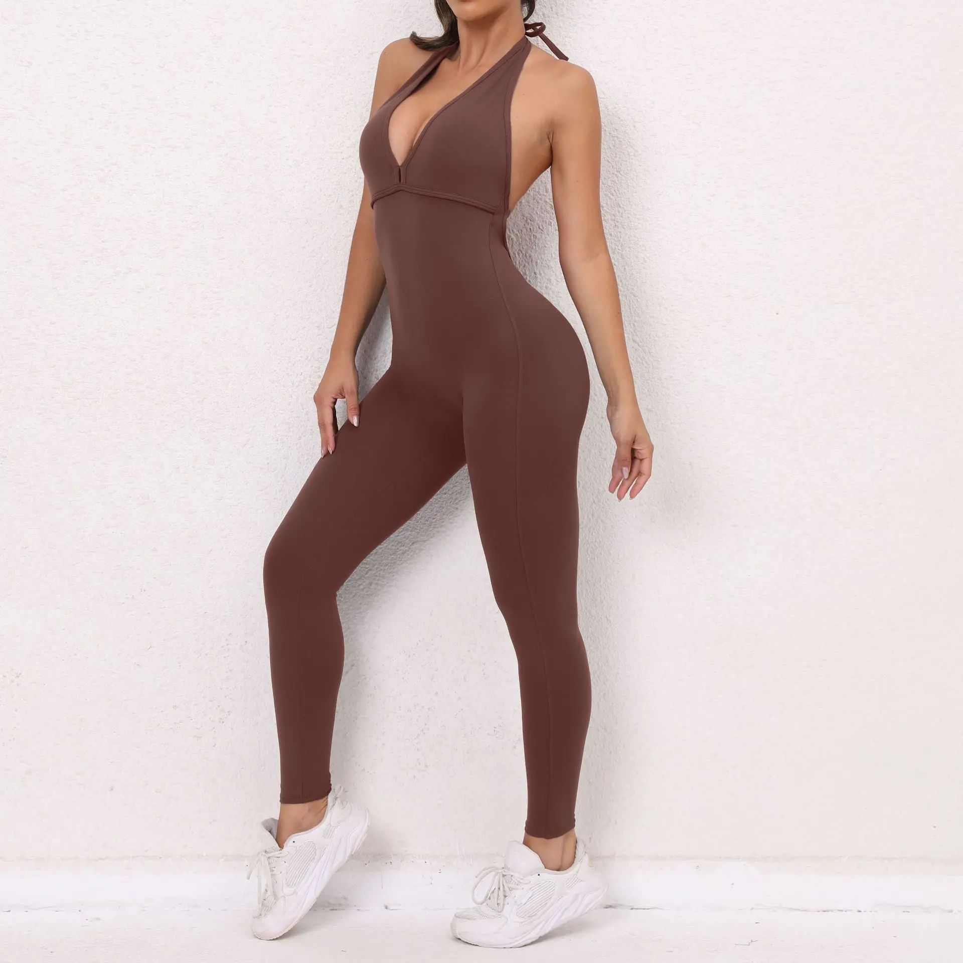 Hot Sale Women Girls One Piece Deep Neck Backless Sexy Yoga Gym Jumpsuit Quick Dry Compression Fitness Set