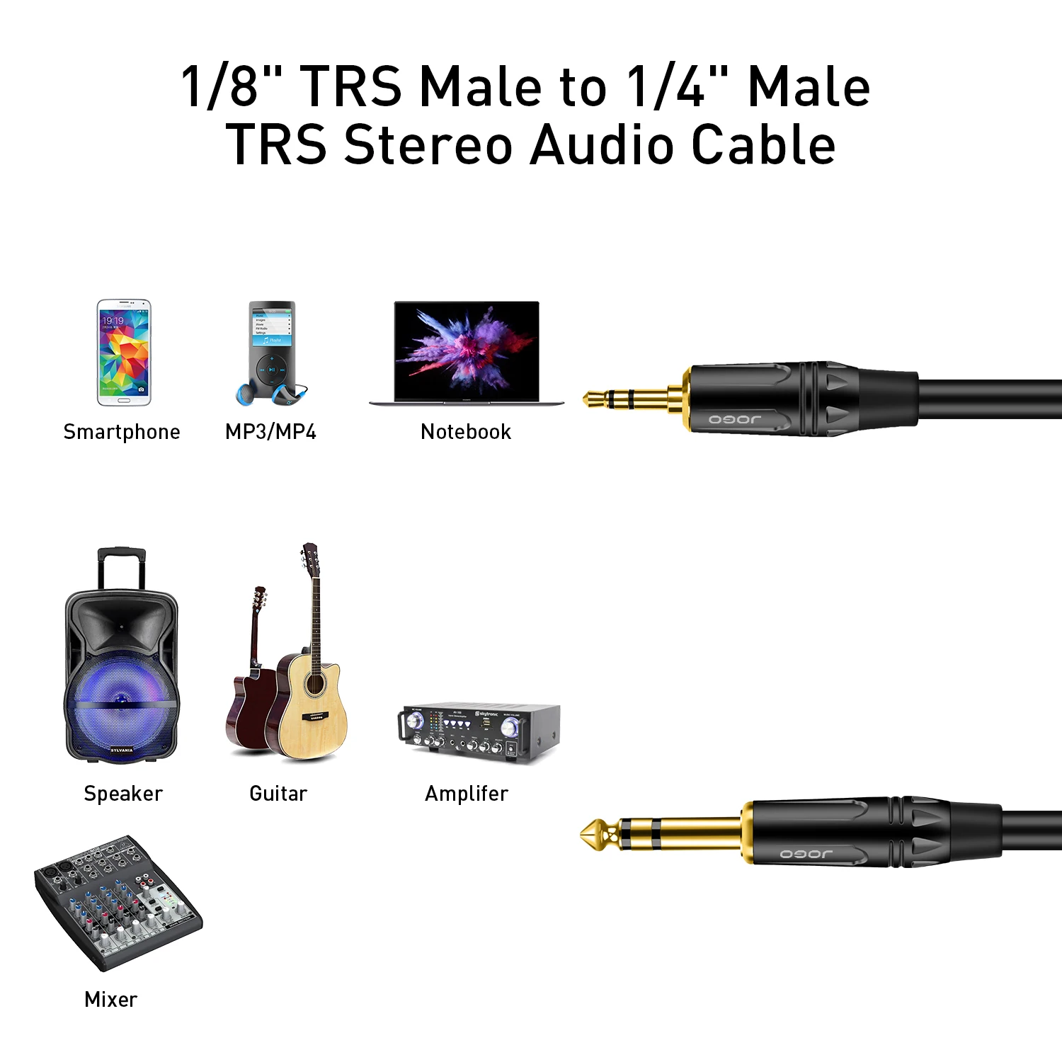 3.5mm Stereo Plug to 6.35mm Stereo Plug, TRS Stereo Audio Cable