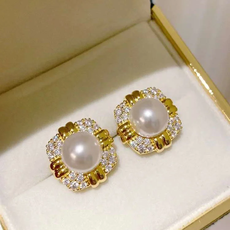 S925 Silver Needle Anti Allergy French Retro Diamond Earrings 8-9mm Natural High Quality Freshwater Pearl Stud Earrings