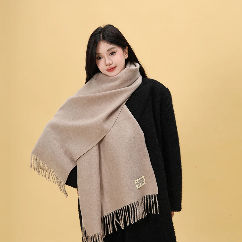 Solid Color Winter Scarf Custom Logo Woven Label Warm Neck Long Scarves Shawls Soft Tassel Fringe Scarf For Women