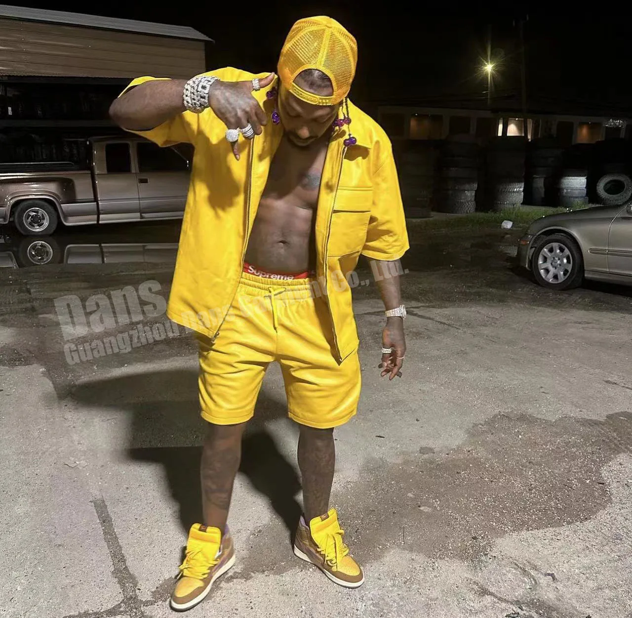 Summer Custom Faux Leather Set Mens Fashion Short Sleeve Pu Zip Up Jacket Coat And Shorts Two Piece Sets For Men