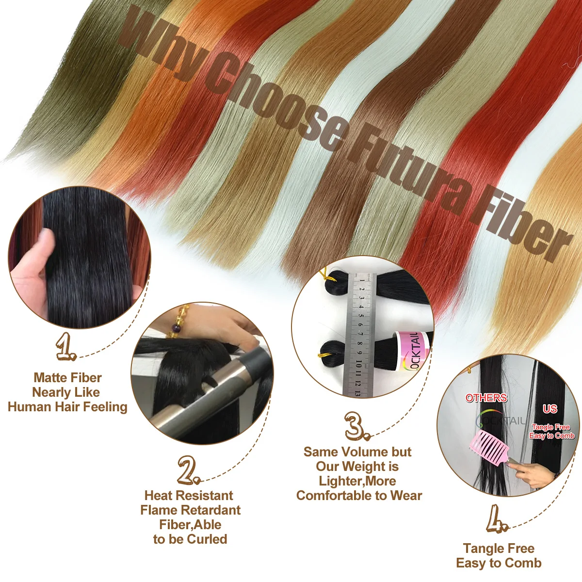 100% Kanekalon Futura Fiber Silky Straight Braiding Hair, Flame Retardant Heat Resistant Bone Straight Braiding Hair Extension