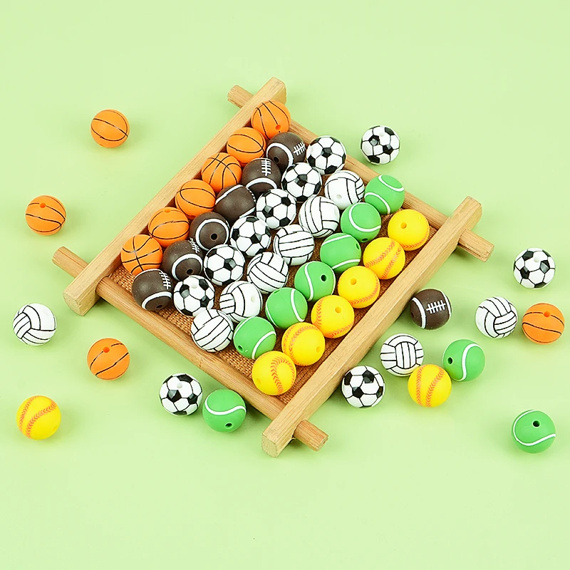 Baby supplies product Custom logo 15mm Loose Bulk Baby Chew Round Teething Beads Soft Printed Silicone Beads for Jewelry Making