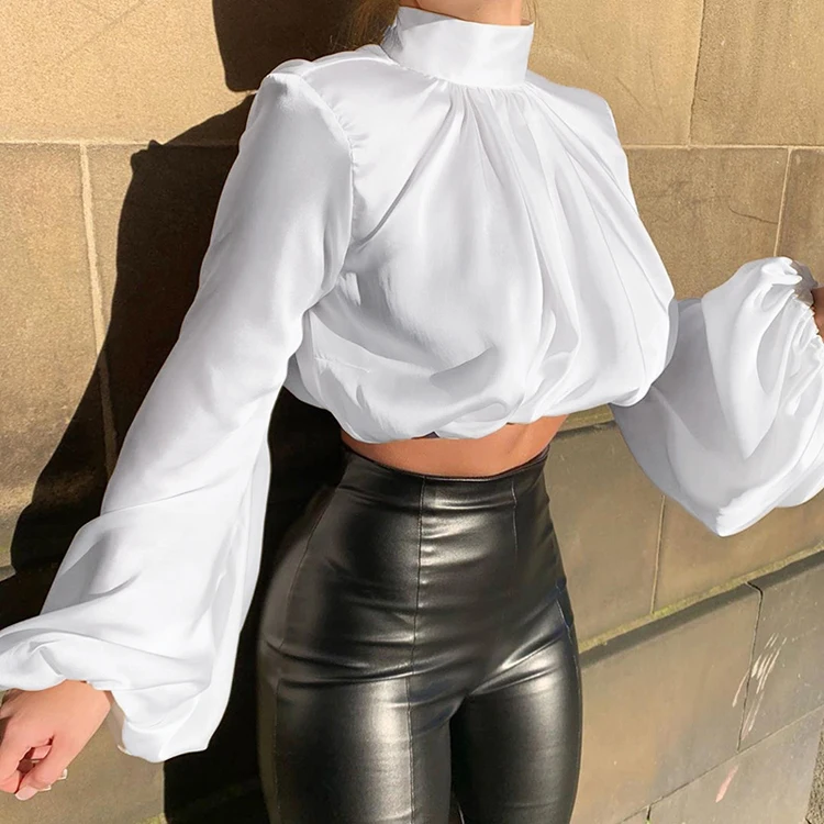 
YH1439 2020 Women Casual Simple Loose Blouses Designs High Neck Long Puff Sleeve Crop Tops 