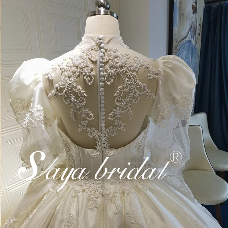 Bride Ball Gown Long Sleeves Muslim Islamic Style New Design Puffy Long Sleeve Casual Bridal Skirt with Detachable Train Ppearl