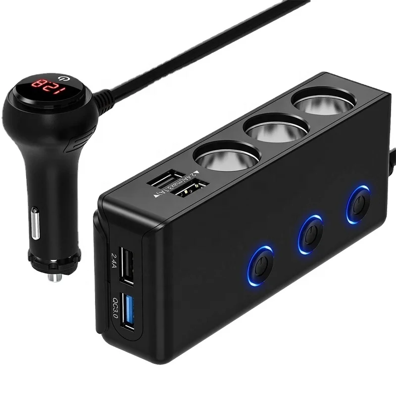 120W 3-Socket Power  8.5A 4 USB Ports LED Voltage QUICK CHARGE QC3.0 phone charger Cigarette Lighter Car Charger