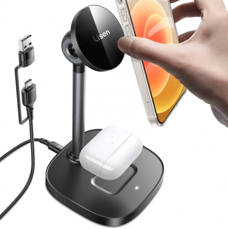 Aluminum Fast Charging Stand Wireless Phone Charger Station Dock for iPhone 15W 3 in 1 Magnetic wireless charging lamp