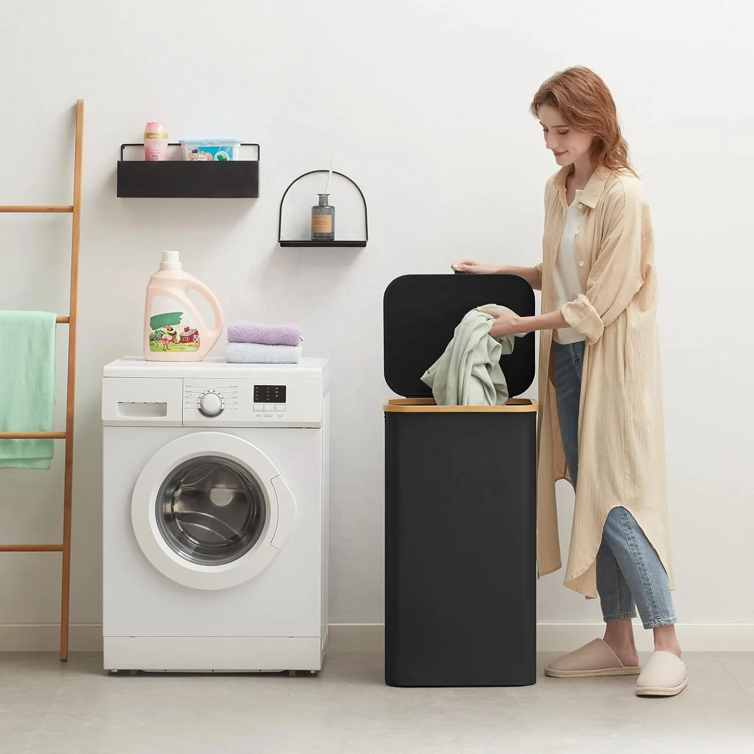 100L Laundry Basket with Lid, Clothes Hampers for Laundry with Bamboo Handles and Removable Laundry Bag