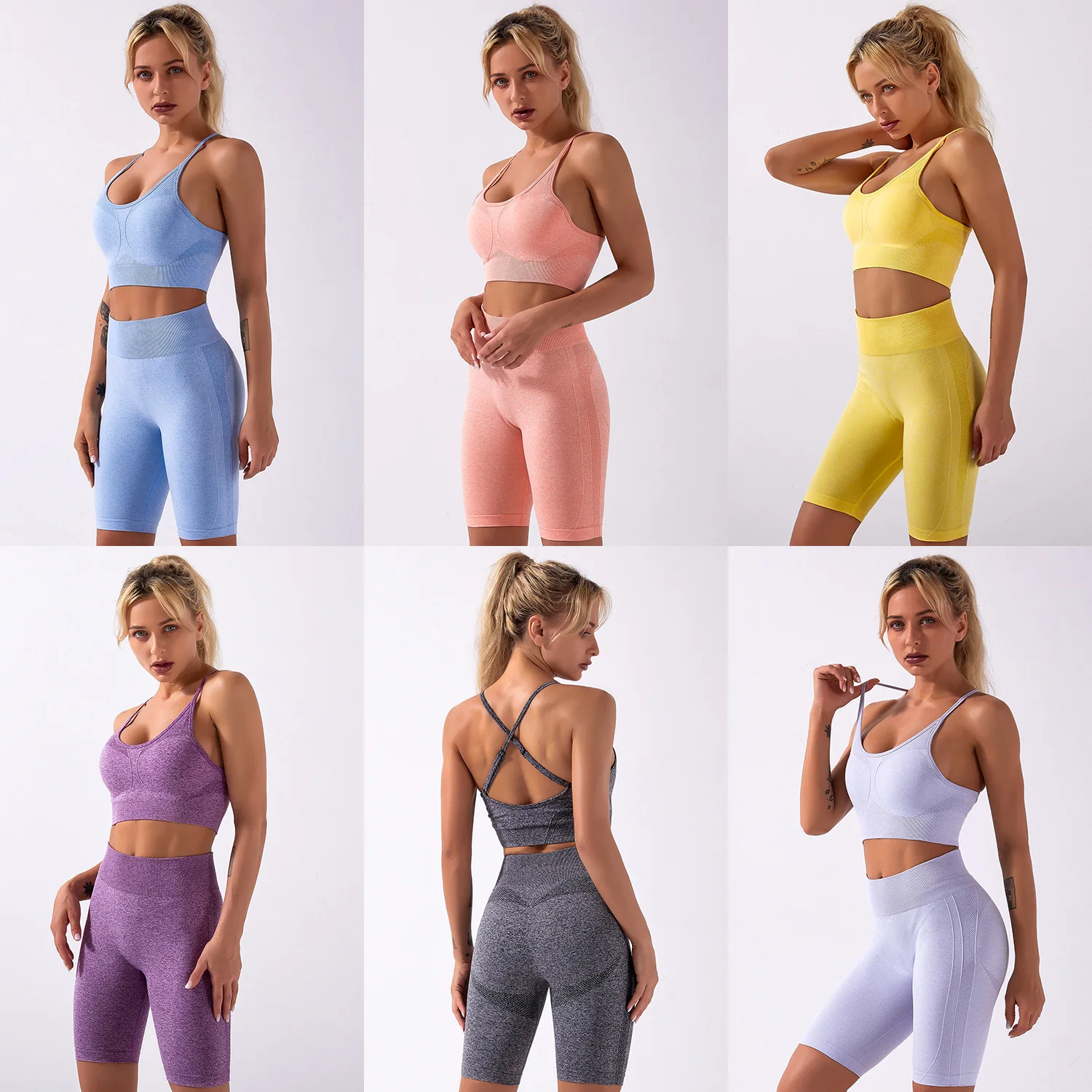 Seamless Yoga Long Sleeve Crop Top High Waist Legging Gym Set Sports Bra Biker Shorts Fitness 4 Pieces Set For Women