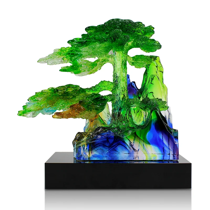 Fengming Glass Liuli Guest Greeting Pine Sculpture Crystal Pine Home Decor Decoration Luxury Art Statue