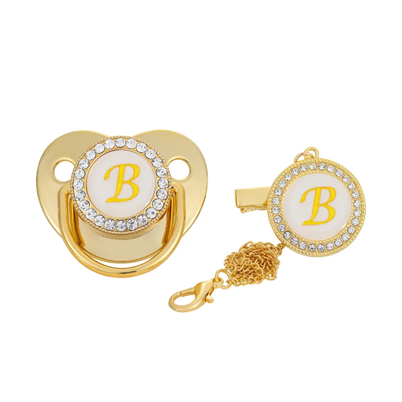 Initial Letter Baby Pacifier And Pacifier Clips 26 Letters Name Silicone Infant Nipple Gold Bling Newborn Dummy Soother