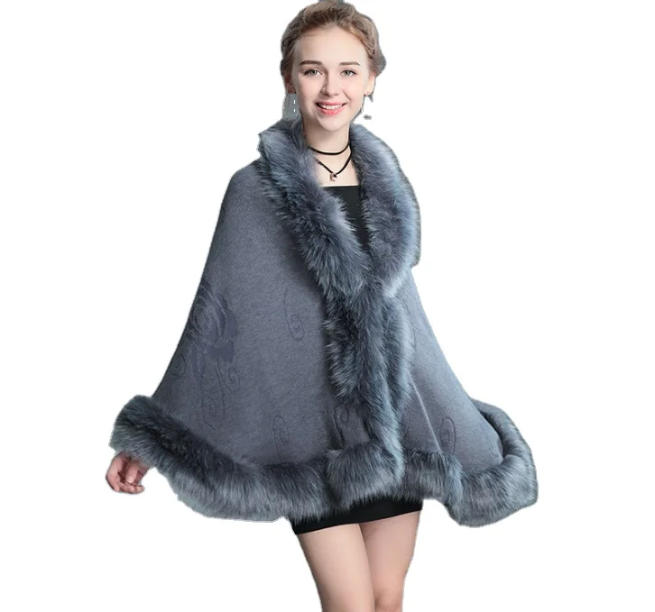 2022 New arrivals Luxury Faux Fur Trimming Jacquard Wool Wrap Shawl Ladies Wool Cape