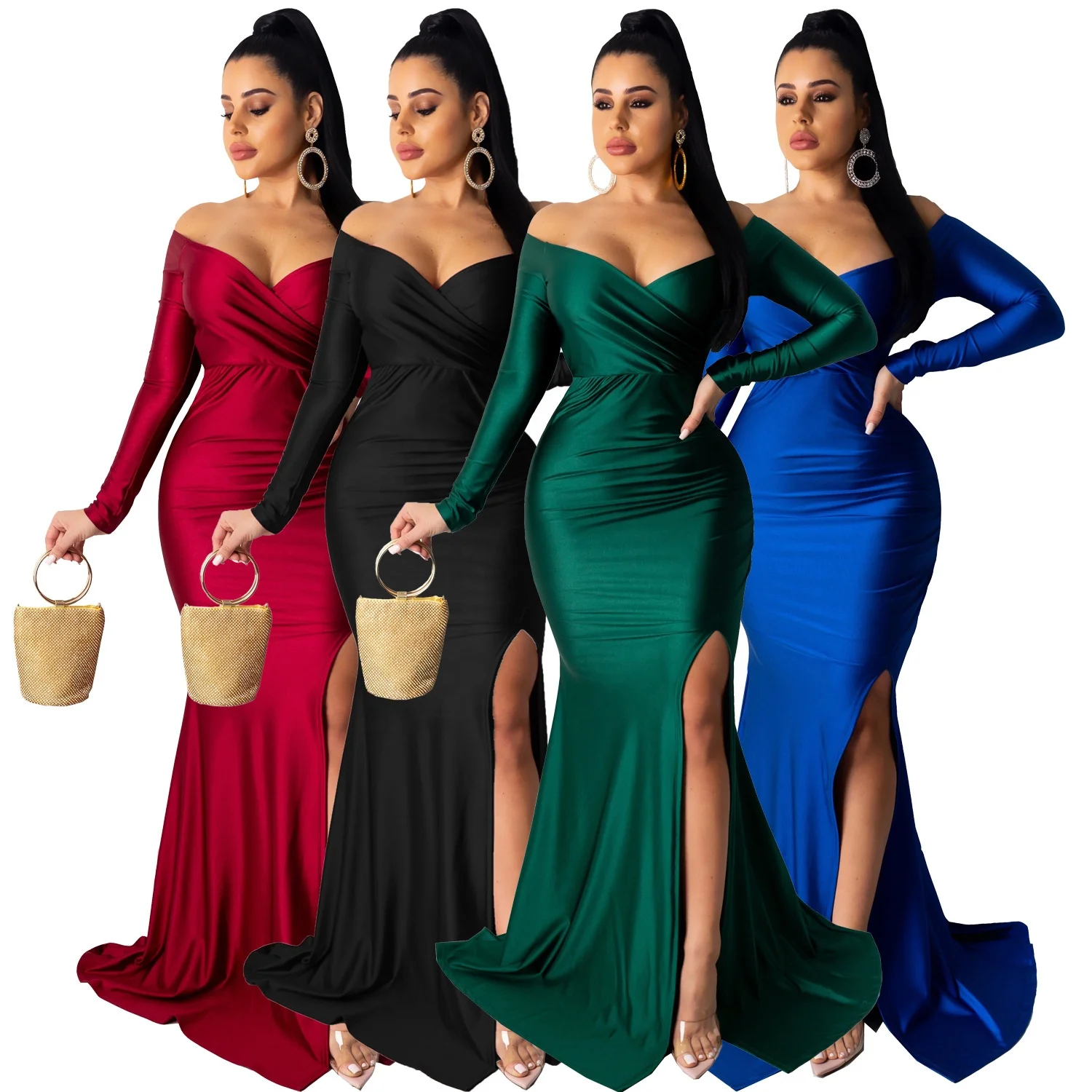 in stock women bodycon club nightclub dress,V neck split long maxi dress
