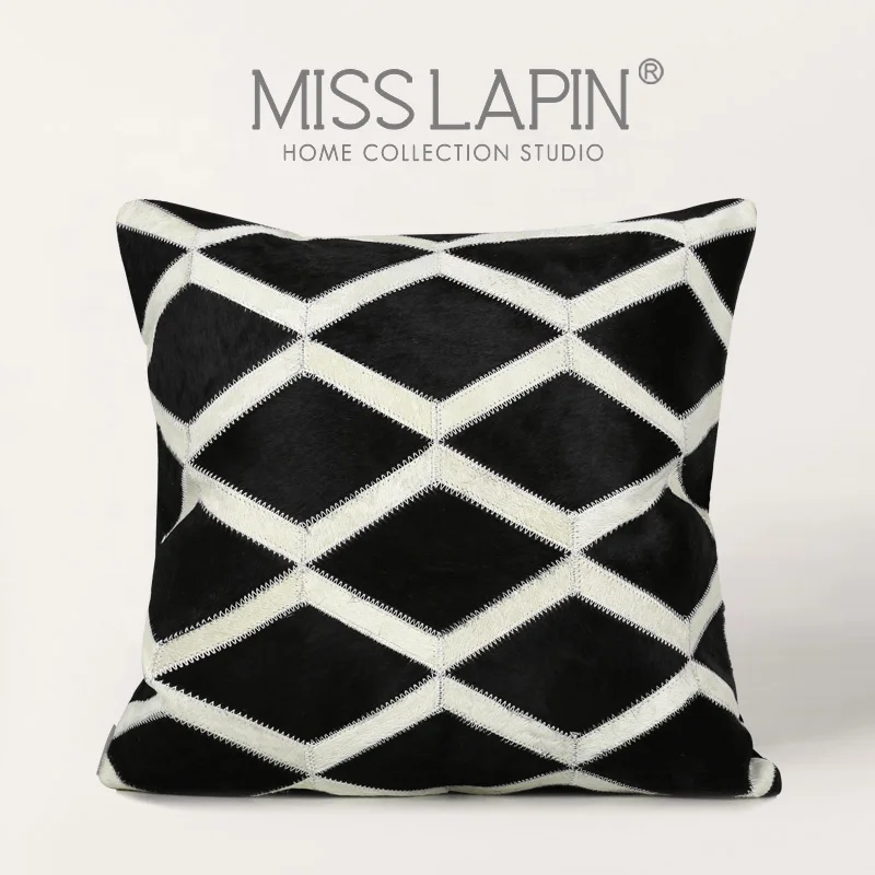Luxury Cushions Quality Cowhide Patchwork Decor Pillow  Modern Minimalist Black And White Diamond Grain Cowhide Square Pillow