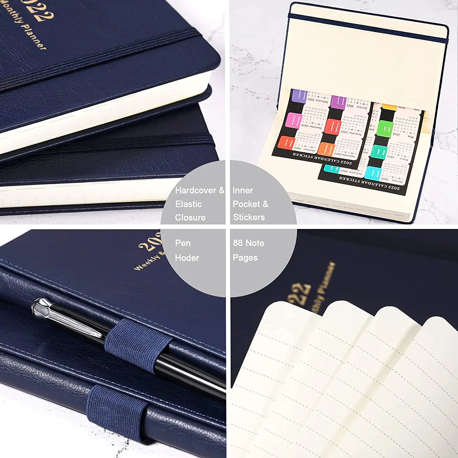 2022 Weekly Monthly Planner with Calendar pu leather journal notebook with elastic band