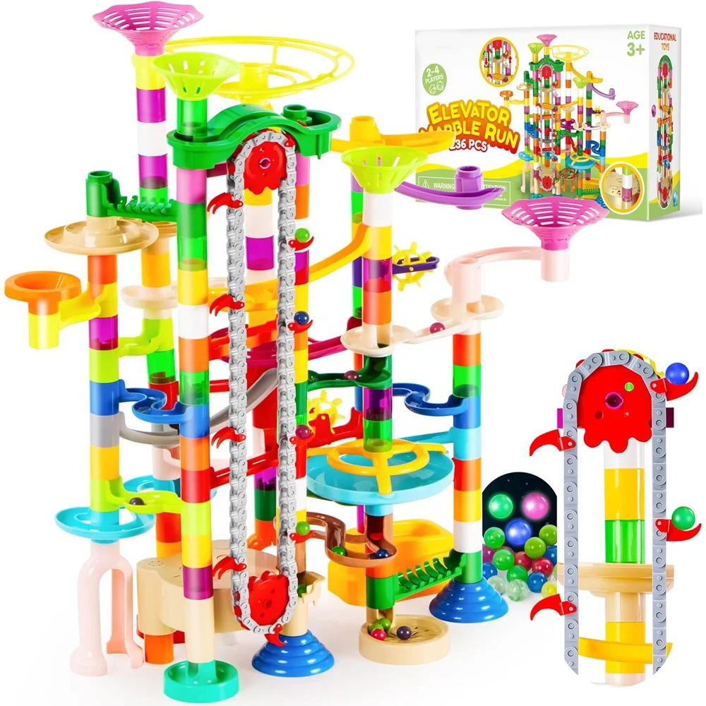 236pcs glowing roll ball construction building blocks toy DIY assemble marble run track building blocks set with chain elevator