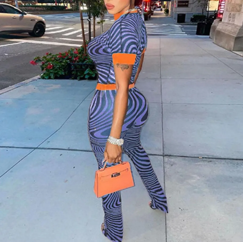 Summer Womens Clothing Perspective Zebra Stripe Print Matching Short Sleeve 2pc Cropped Top Outfits Two Piece Pants Set