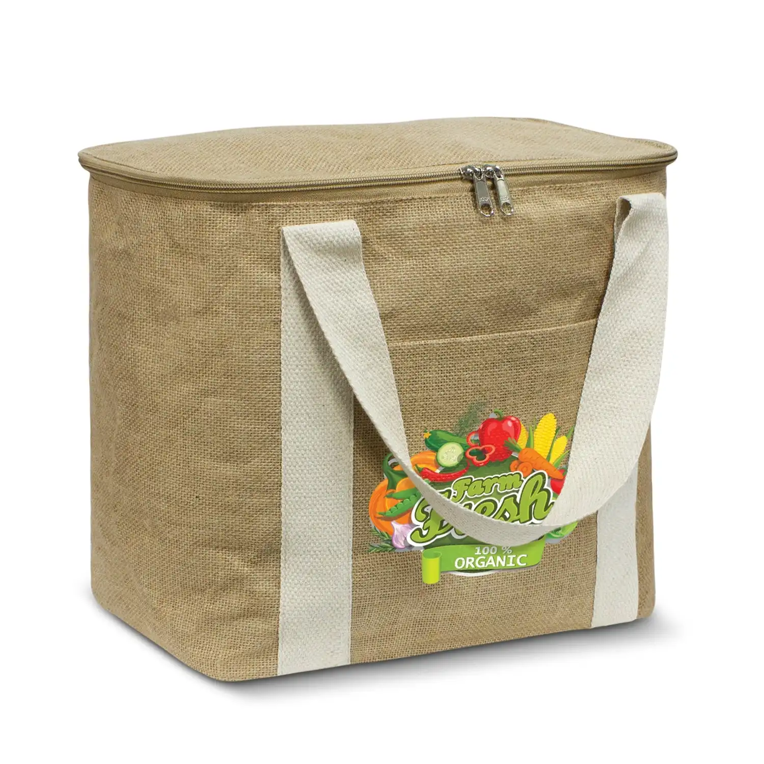 2022 new design jute cooler bag with pocket  jute cooler lunch bag outdoor picnic cooler bag