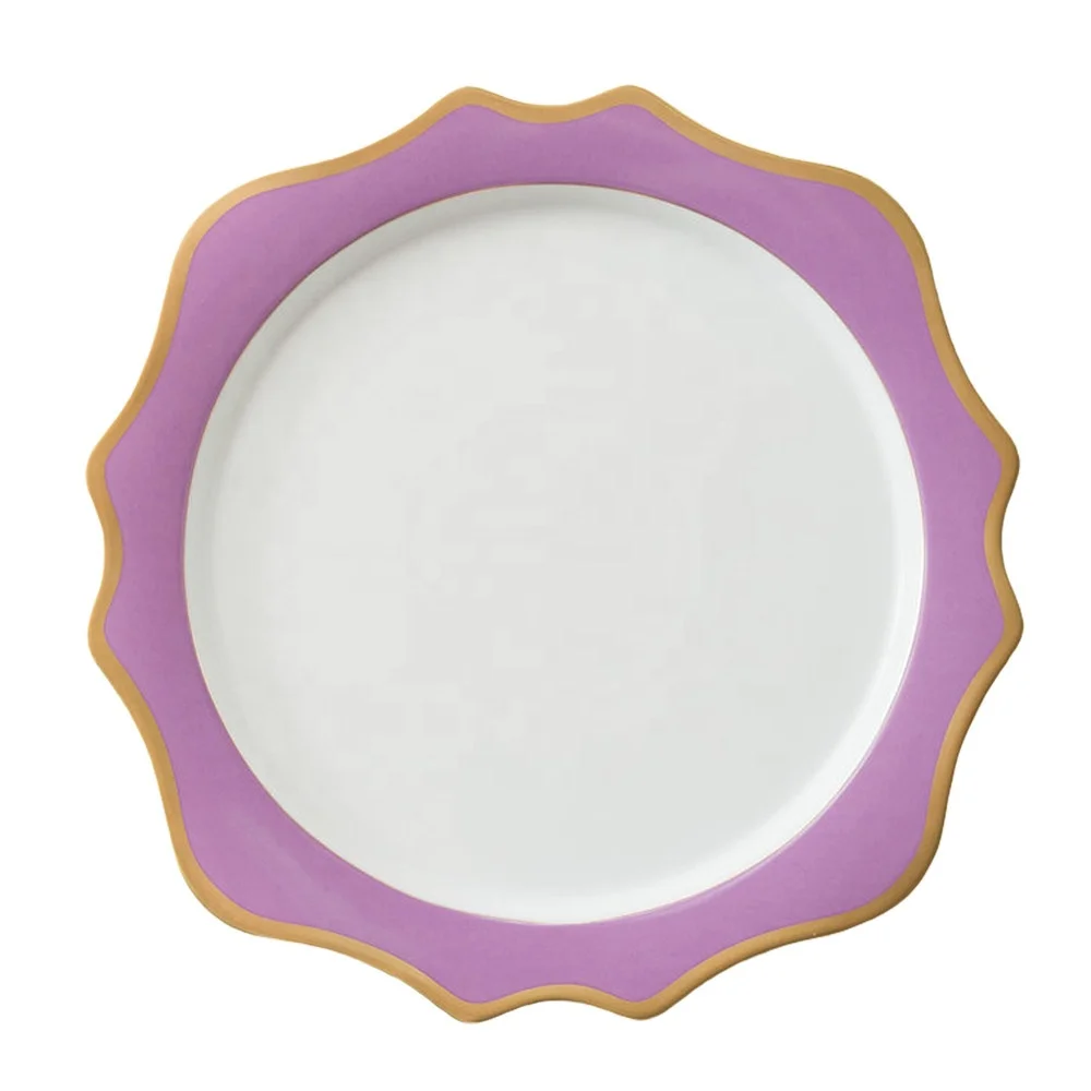 nordic luxury wedding party purple sunflowers  decoration wholesale ceramic charger plate with gold rim porcelain dinnerware