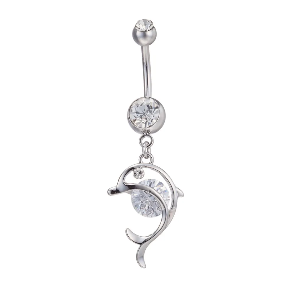 
dolphin shape zircon crystal Surgical Steel Belly Button Rings Sexy Dangle Navel Piercing Rings Rhinestone Body Jewelry 