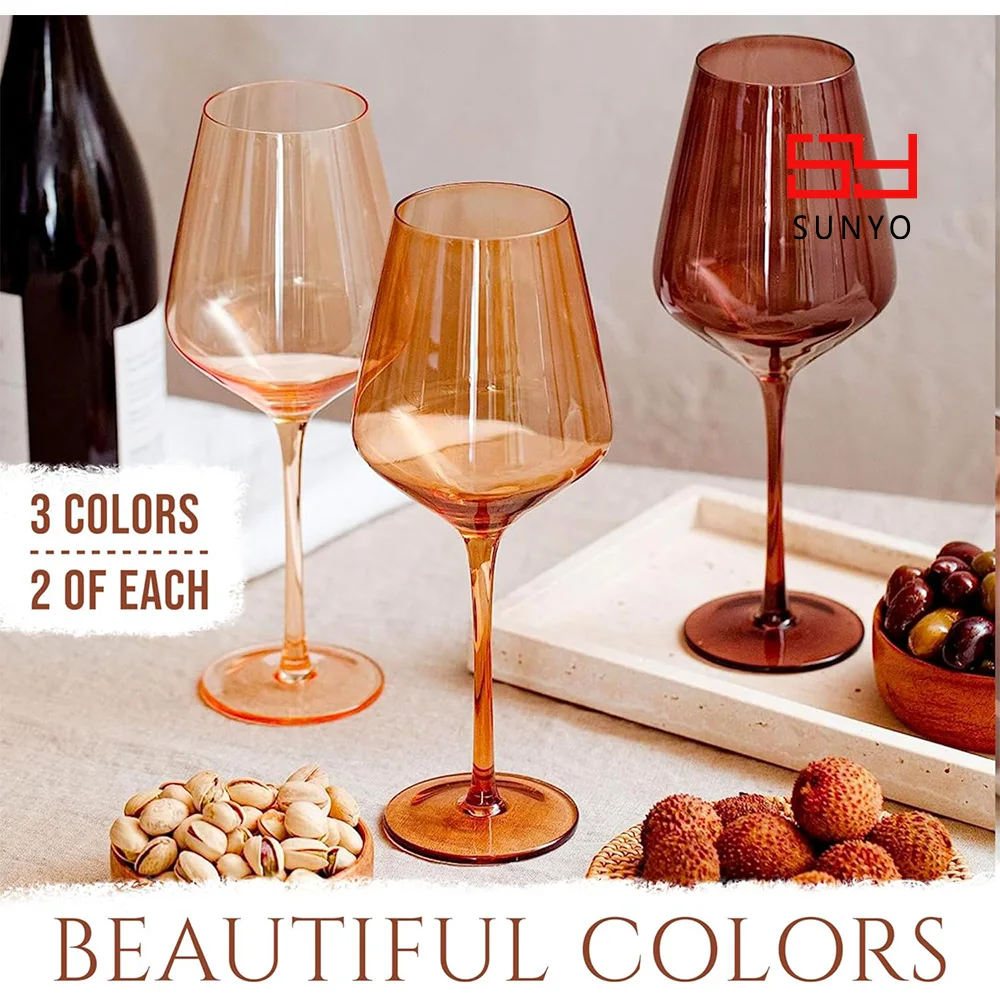SUNYO 16.5oz Venus Collection Glassware Elegant Colored Wine Glasses Set of 6 Stemmed Brown Wine Glass With Thin Rim