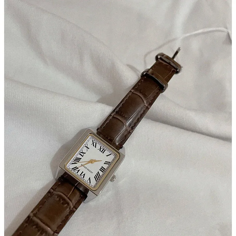 Vintage Rectangle Square Ladies Leather Wrist Quartz Watch