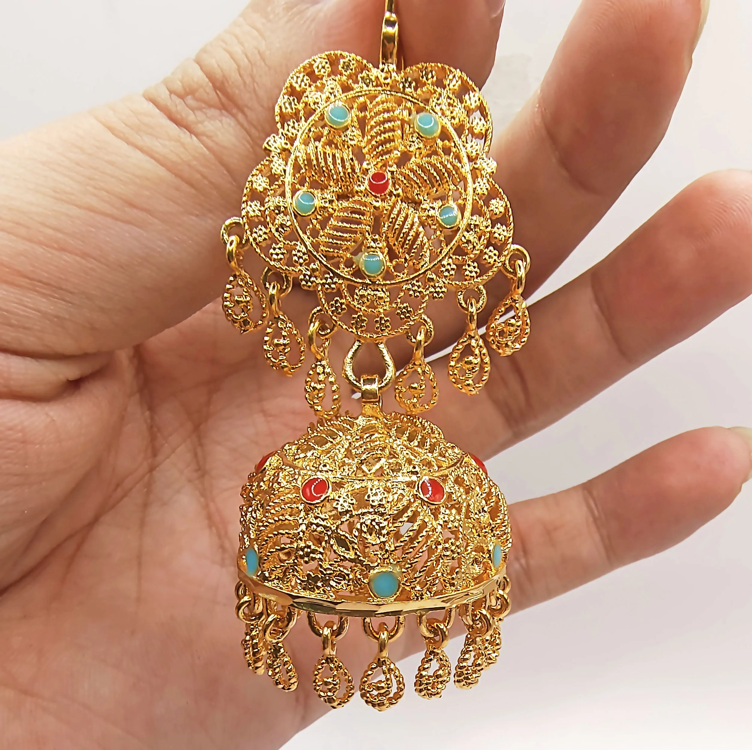 Fashionable Lantern Palace Lady Jewelry Women Kundan Jhumka Indian Gold Dangling Pearl Bells Tassel Stud Earrings For Women