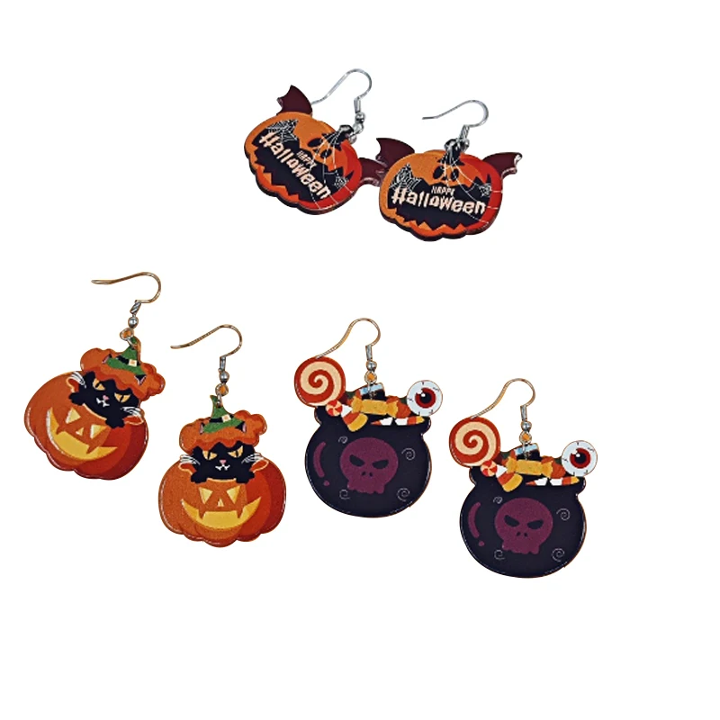Halloween Oil Drop Pumpkin Black Cat Pendant Earrings Personality Creative Smiley Face Earrings Set For Halloweeb Decoration