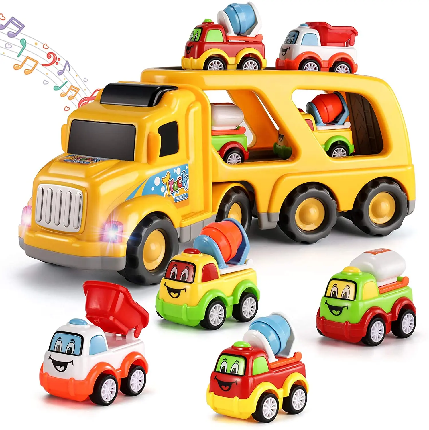 
5-in-1 Friction Power Toy Vehicle in Carrier Truck, Steering Construction Truck with Lights & Siren Sounds 