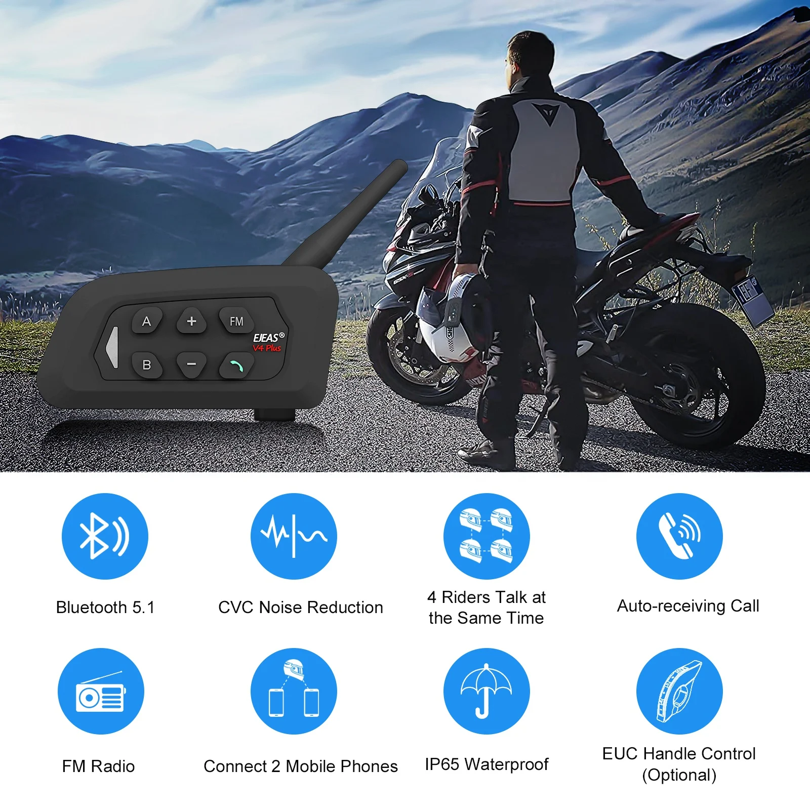 V4 plus 4 riders CE ROHS FCC BQB Certificate BT wireless intercom IP65 Full-duplex motorcycle bluetooth helmet intercom